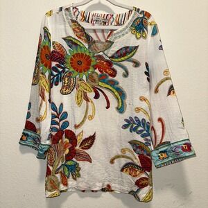 John Mark Womens Embroidered Boho Blouse Split Neck Size M‎ Rayon Nylon Floral